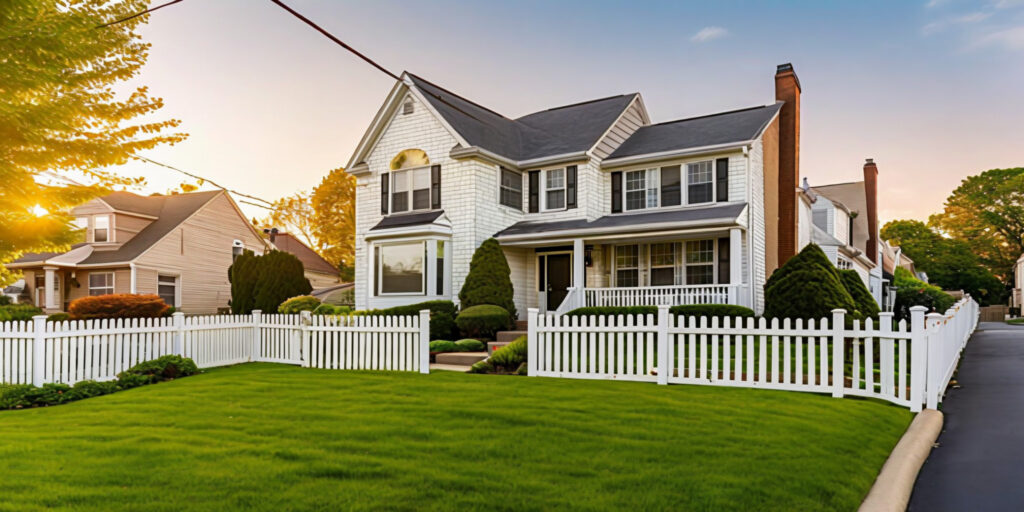Beautiful Philadelphia suburban home with white picket fence at golden hour - mortgage rate tips