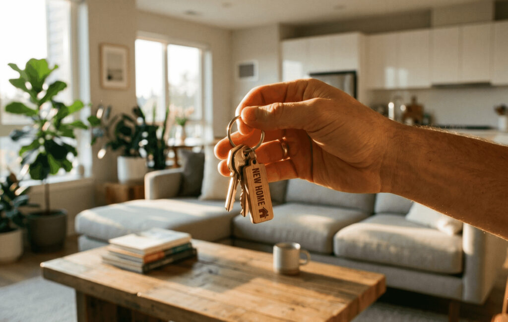 A warm, sunlit shot of a hand holding house keys, with a softly blurred modern living room in the background.