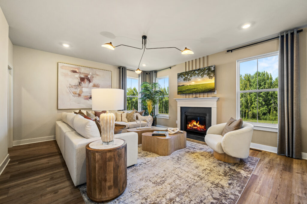 family room with couch and fireplace